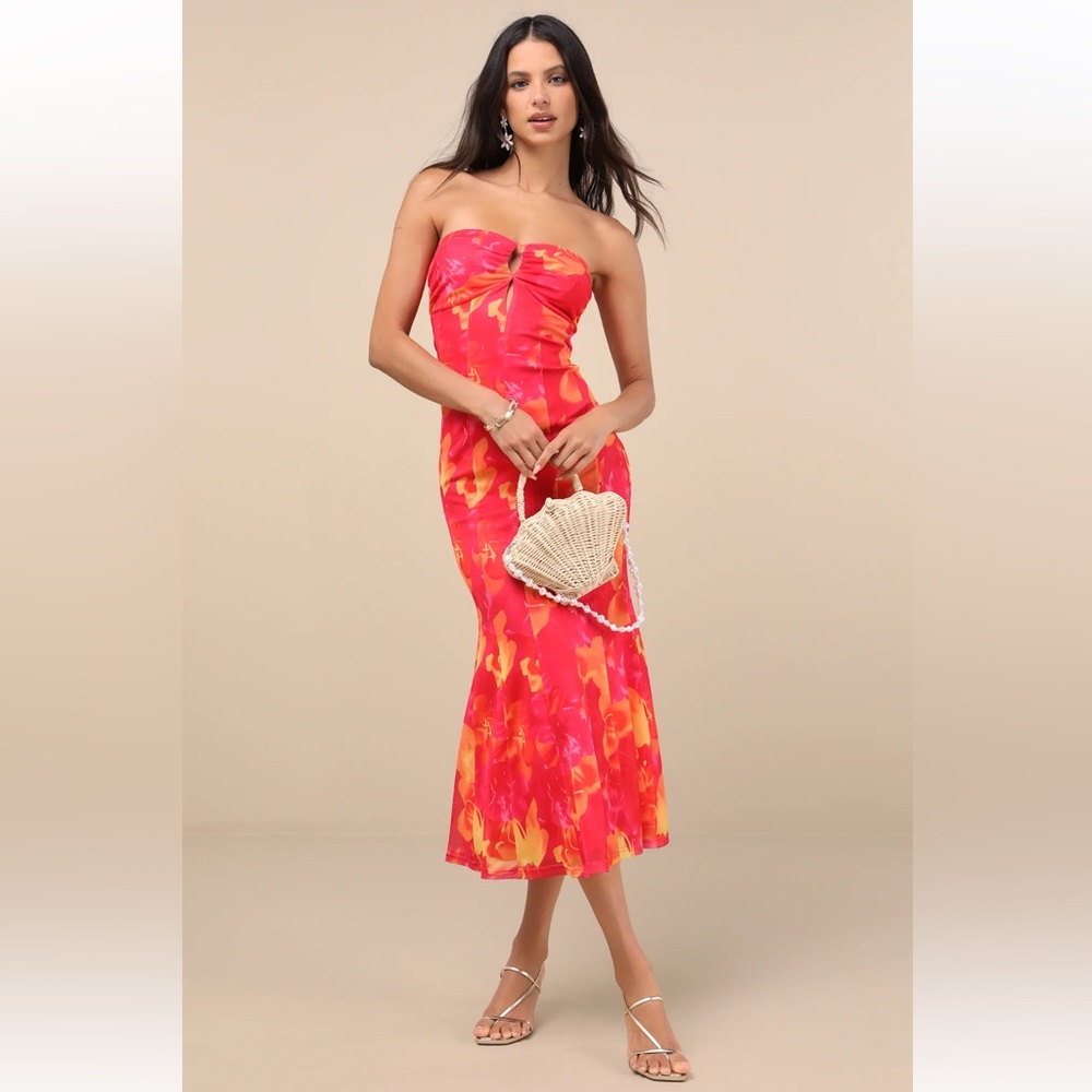 Lulu's Vibrant Strapless Dress in Pink and Orange